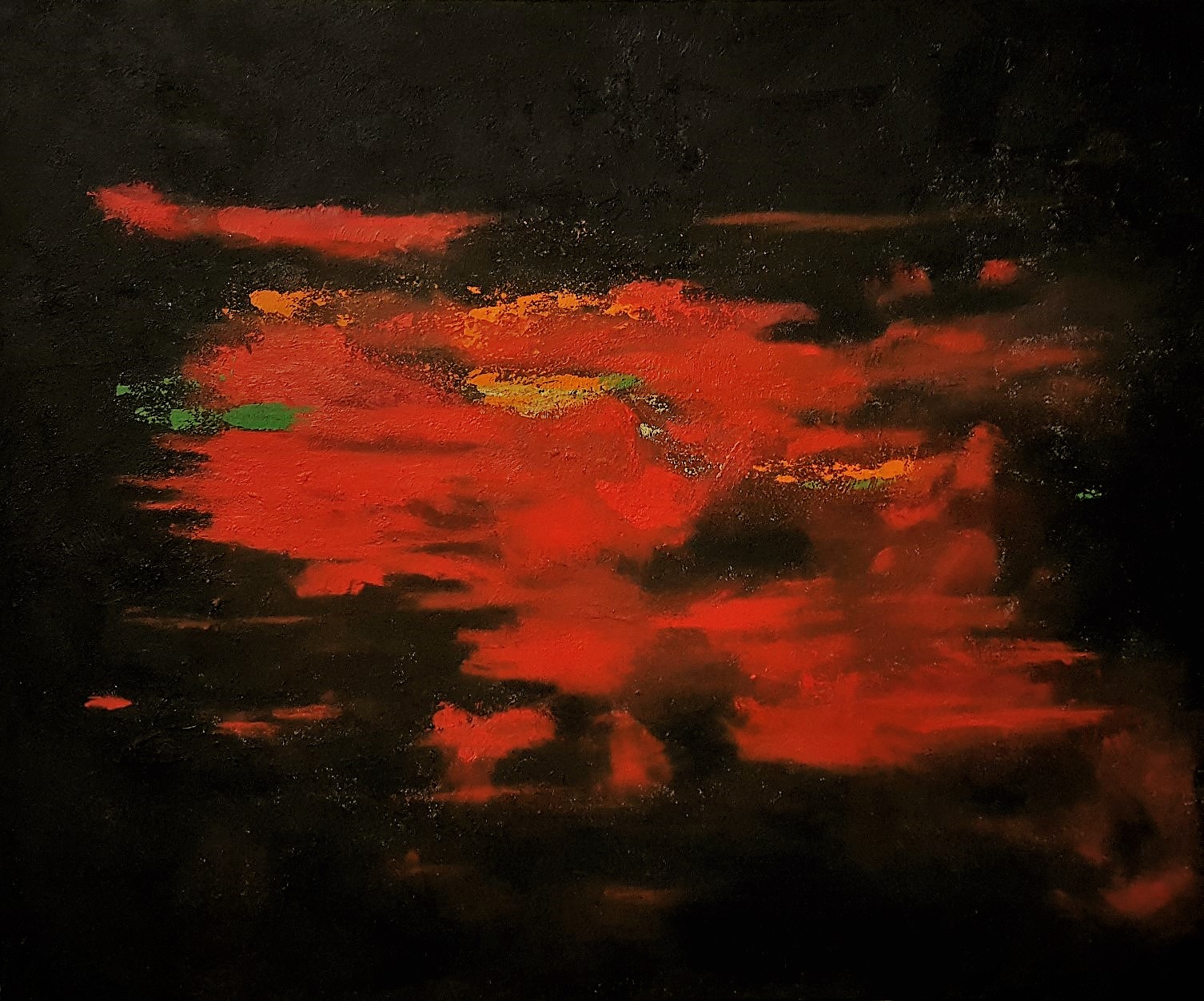 Unknown Journey, oilpainting with dutch sand, 5 x 100 x 120 cm Rood en zwart.