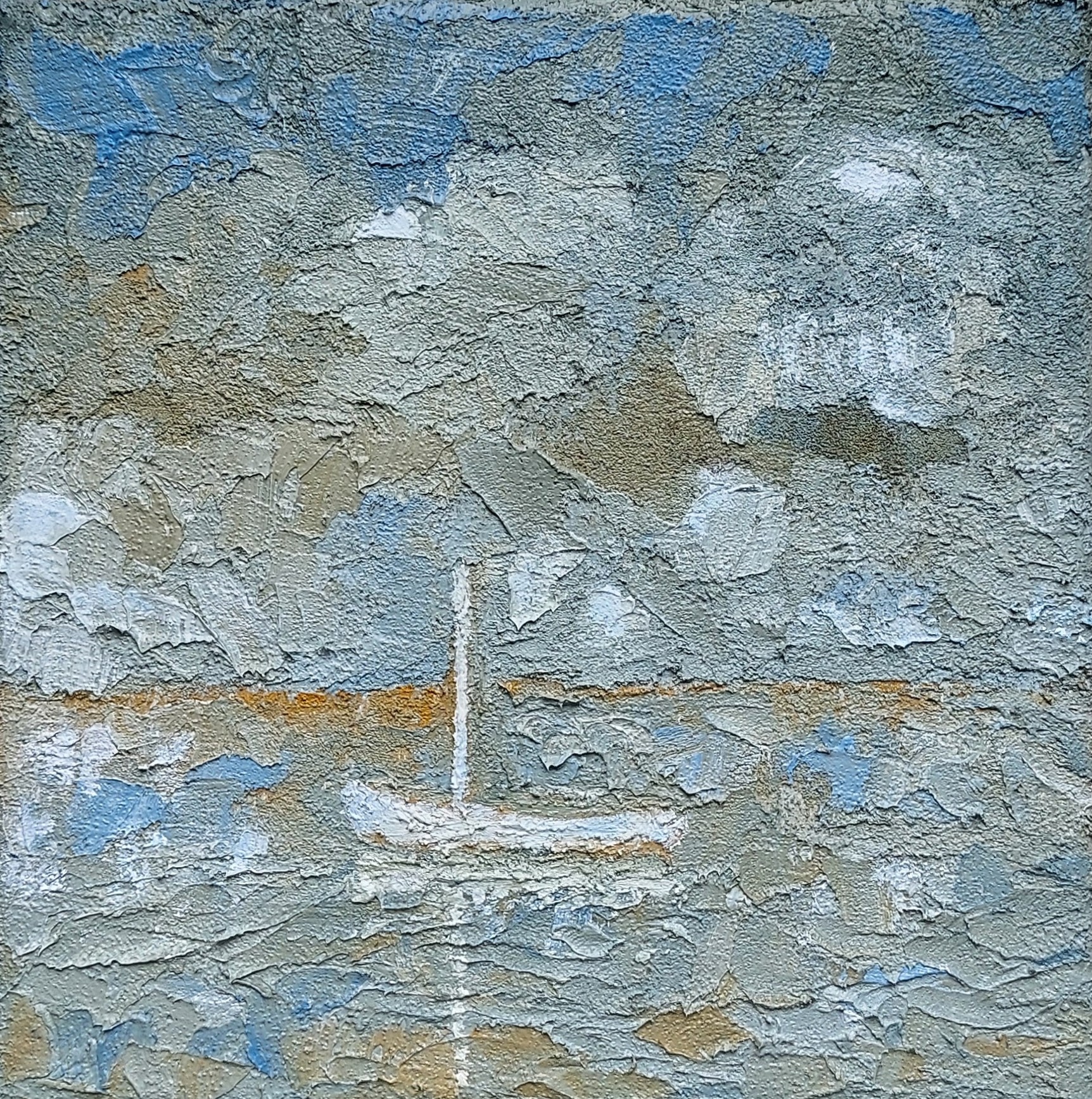 Figuratief olieverf met zand Boat on the river # 5 Freek Steijsiger, beige , blauw en wit