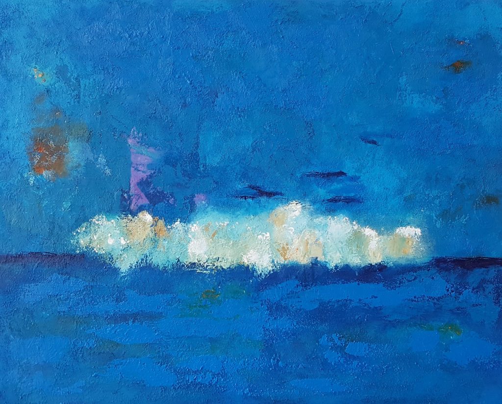Figuratief abstract schilderij Breakwater 1 olieverf met zand 100 x 80 cm van Freek Steijsiger, blauw, wit en lila.