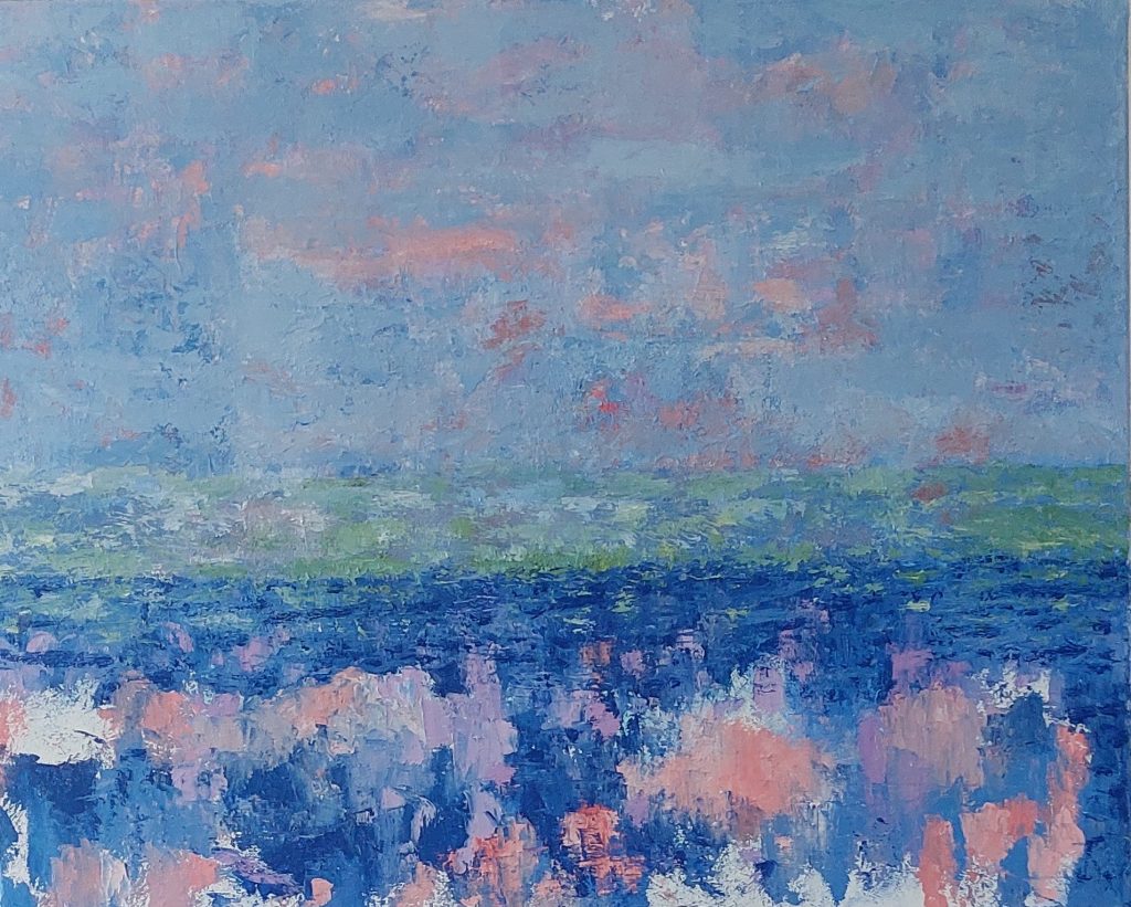 Figuratief schilderij Bages # 20 flamingo’s en het meer 100 x 80 cm van Freek Steijsiger, olieverf met zand, blauw, groen en roze.