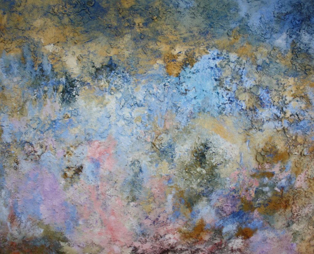 Abstract schilderij Bages 3 olieverf met zand 100 x 80 cm van Freek Steijsiger, blauw, roze wit en lila.