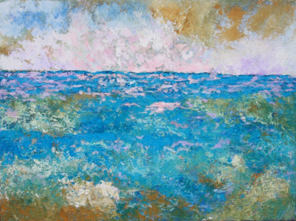 Figuratief abstract schilderij Bages # 4 flamingo's en het meer, olieverf met zand 80 x 60 cm van Freek Steijsiger, blauw, roze en oker.