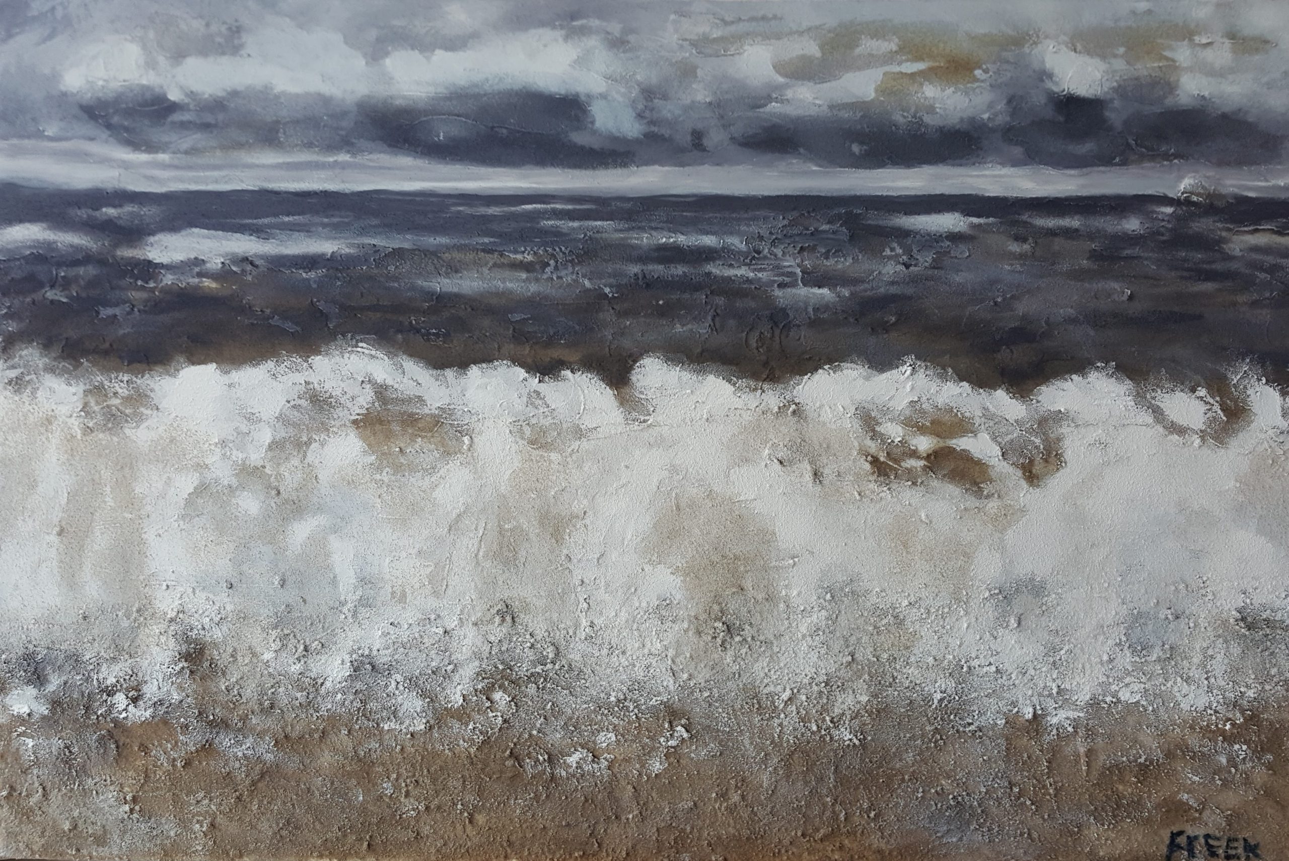 Figuratief schilderij Branding 1 acrylverf met zand 80 x 120 cm van Freek Steijsiger, zwart, grijs, wit en bruin.