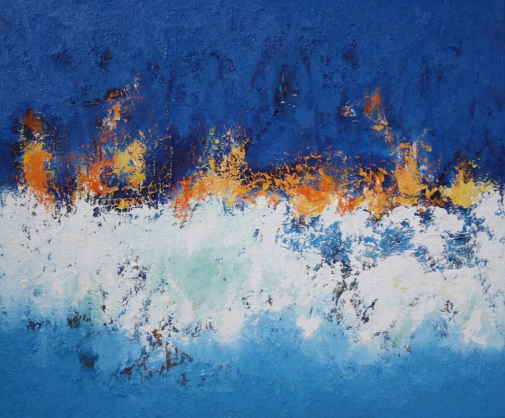 Figuratief abstract schilderij Burning Water olieverf met zand 100 x 120 cm van Freek Steijsiger, blauw, wit en oranje.