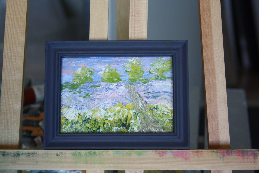 Figuratief, acryl, Road to nowhere, 9 x 6 cm, Freek Steijsiger, groen, roze en blauw