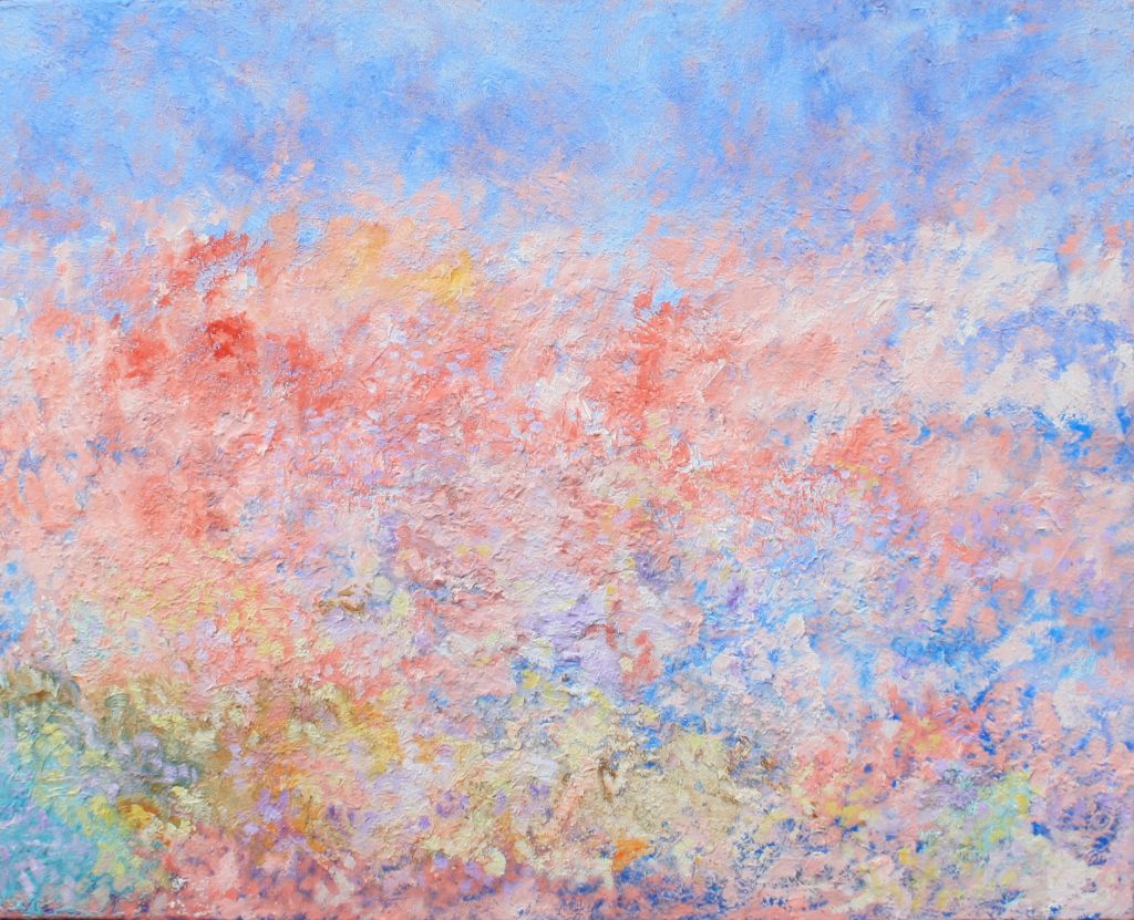 Abstract schilderij Printemps olieverf met zand 100 x 80 cm van Freek Steijsiger, blauw, roze wit en oranje.