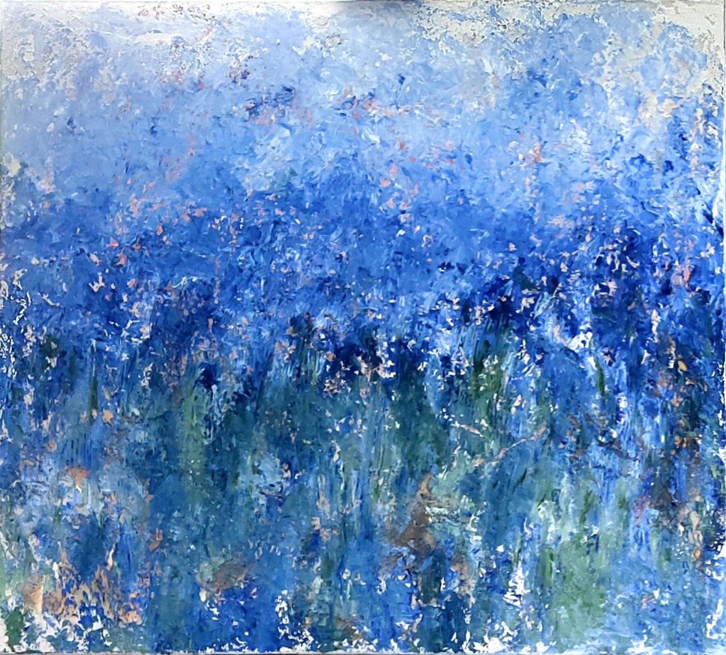 Abstract Somewhere nearby # 4 olieverf met zand 80 x 90 cm, Freek Steijsiger, blauw wit en groen. 