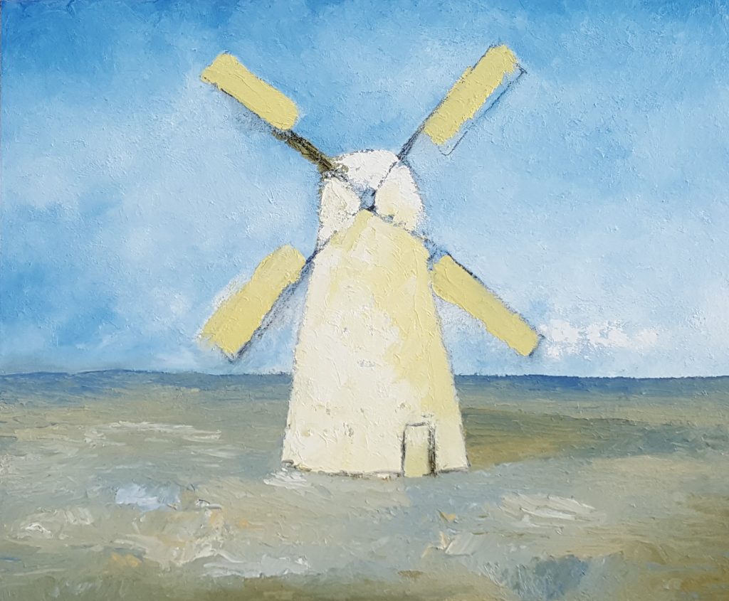 Figuratief abstract schilderij Mill 1 olieverf met zand 100 x 120 cm van Freek Steijsiger, blauw, wit, zacht geel, en oker.