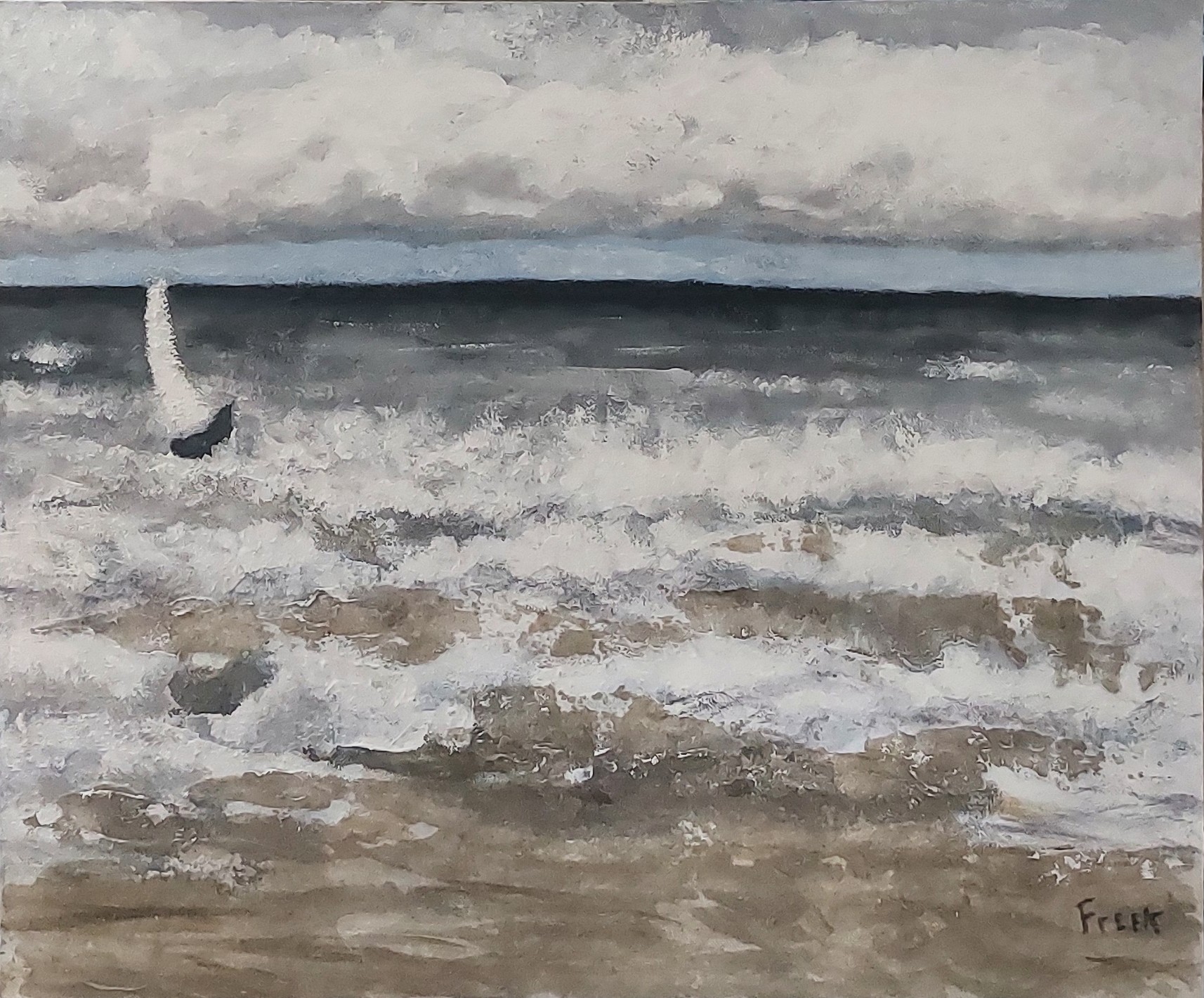 Figuratief, acryl met zand, Strand, Freek Steijsiger, wit, grijs en blauw